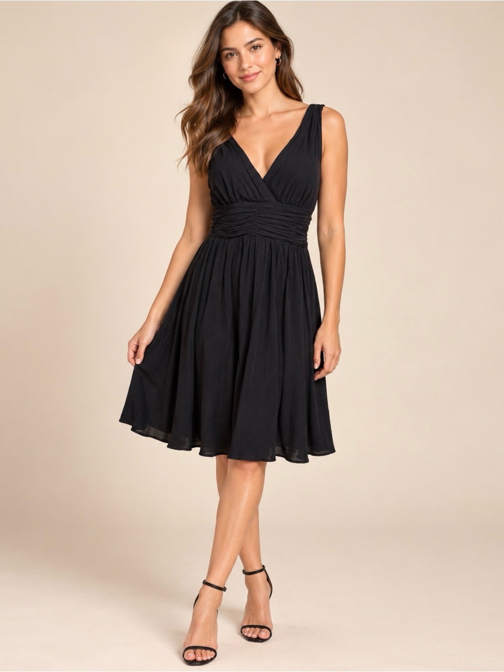 Marc Jacobs Black Sleeveless V-Neck Dress with Ruched Waist 100% Cotton